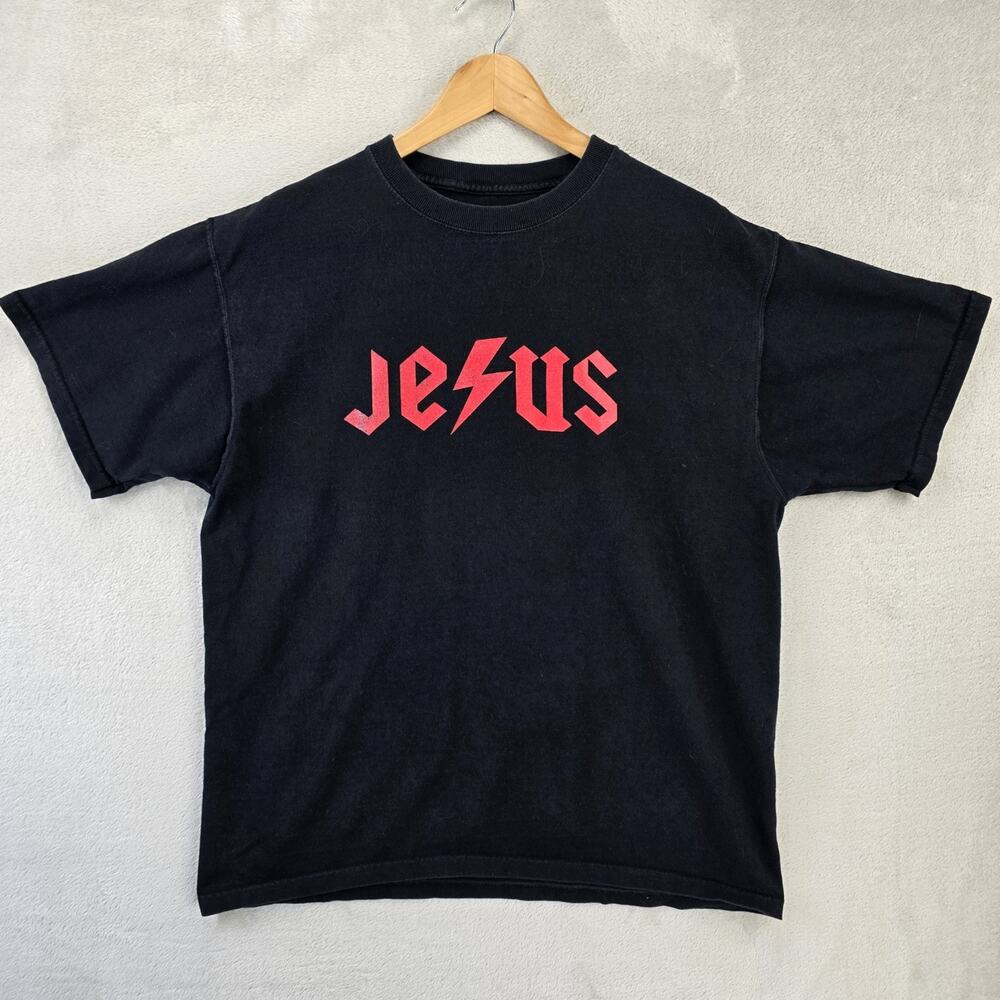 Vintage Jesus Shirt Mens Large Black AC/DC Logo Skater Funny Christian Y2K